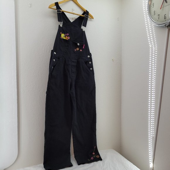 Warner Bros. Pants - Looney Tunes Tweety Sylvester Women’s Medium Black Bib Overalls Vintage Y2K EUC